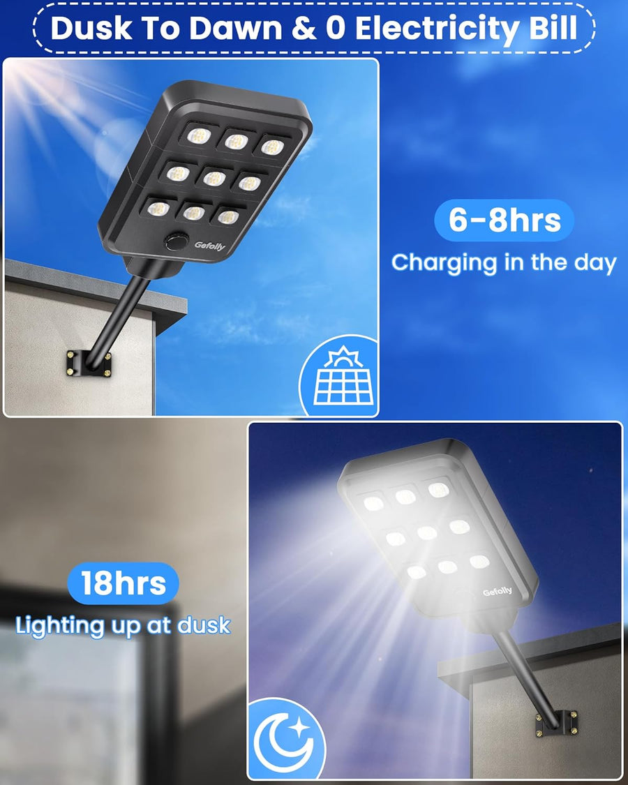 Lampadaire Solaire Exterieur, lumière solaire extérieure Crépuscule à l'Aube IP68 éclairage 6500K inondé LED étanche Projecteur Solaire Puissant pour Rue, Garage, Parking 9T