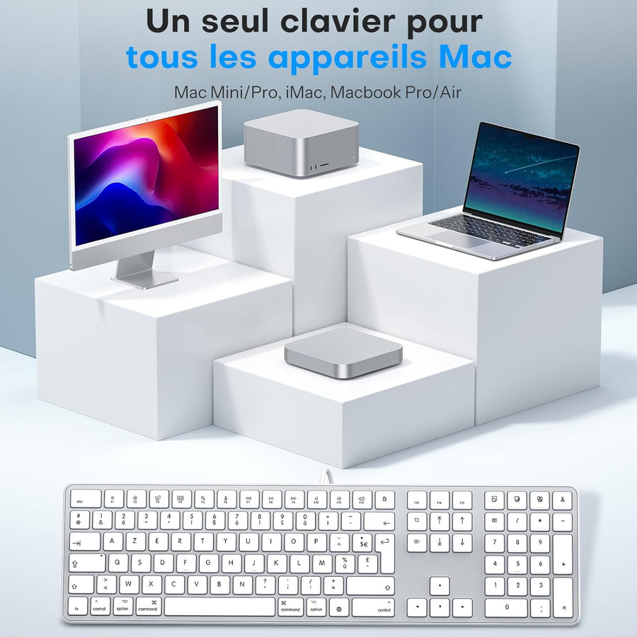 Clavier Filaire pour Mac, Câble de Clavier avec Double Port (Type C/USB), AZERTY Français pavé Numérique, Compatible avec Apple Mac Pro/Mini, MacBook Air/Neo, iMac Pro, Argent