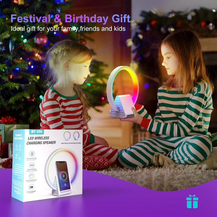 Lampe de Chevet Veilleuse LED 5 Lumières RGB Enceinte Bluetooth Chargeur Sans Fil 15W