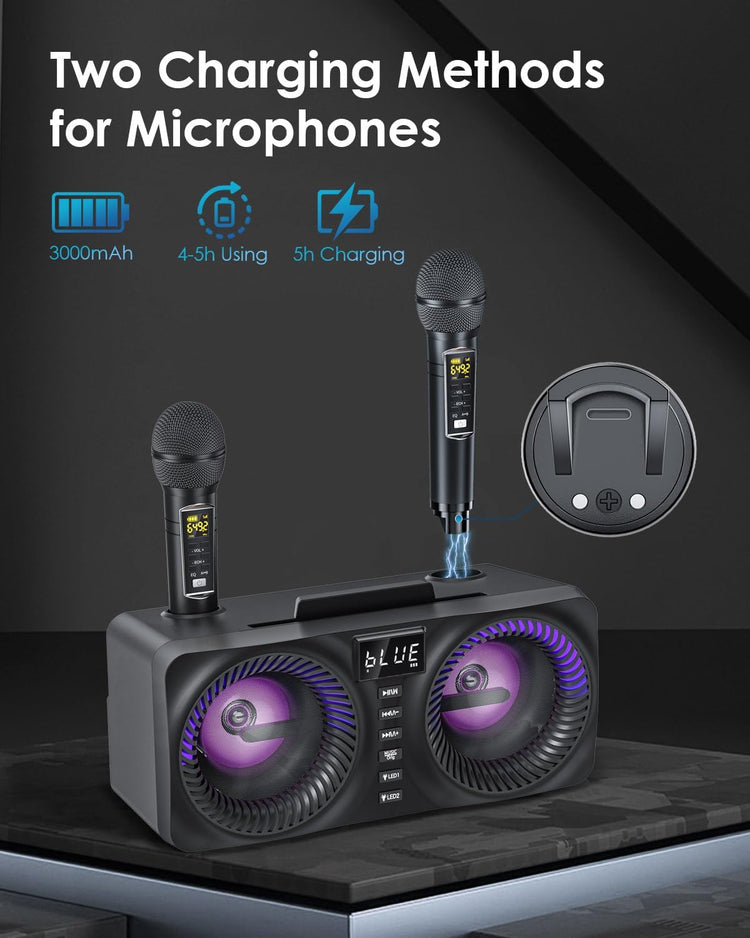 Machine Karaoké Portable Professionnel avec 2 Microphones Sans Fil UHF Support AUX/USB/TF Haut-parleur PA avec Bluetooth