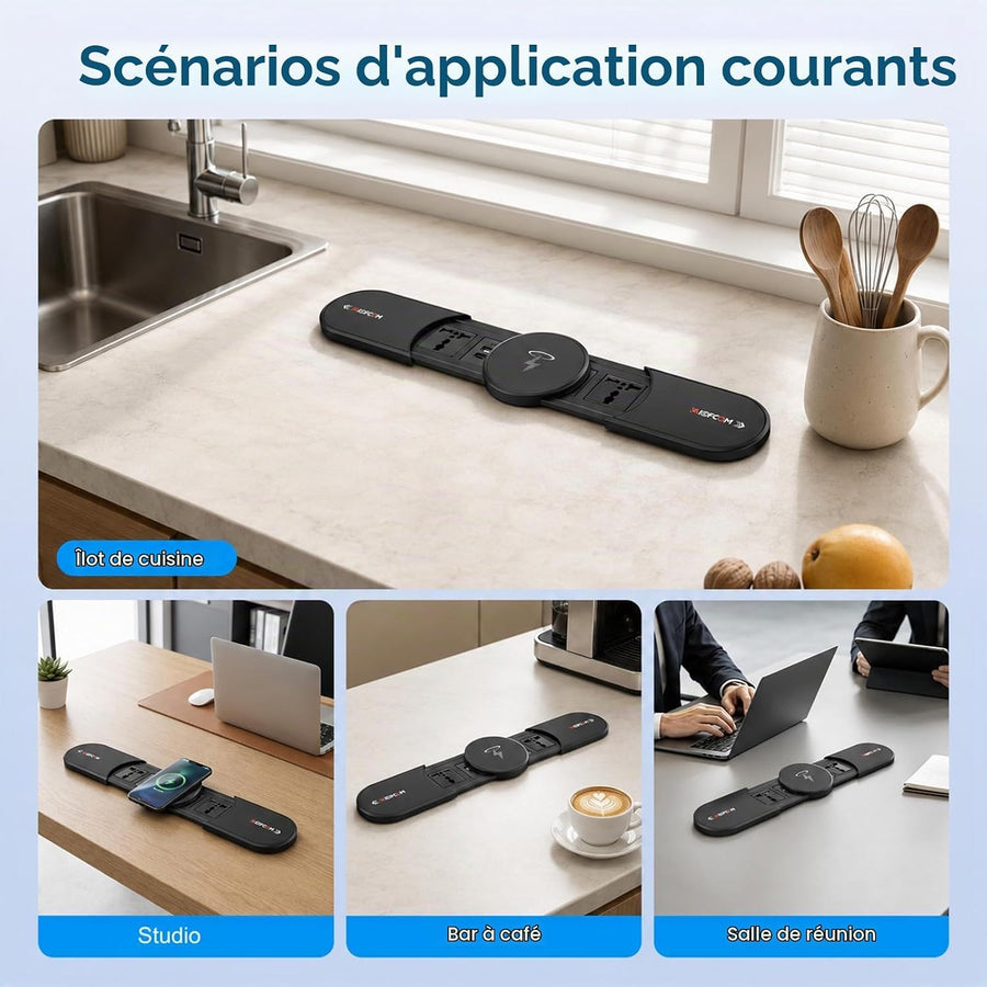 Prise Encastrable de Bureau avec Capot Coulissant Métallique Multiprise 6-en-1 avec Chargeur Sans Fil 15W Qi, 2 AC 2 USB-A 2 USB-C, 2500W, pour Bureau Cuisine
