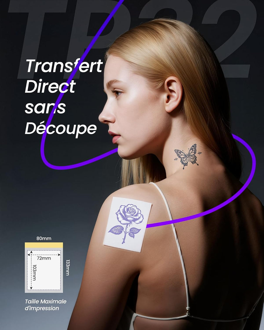 Mini Thermocopieur Tatouage pour Les Bras, Livré Avec 30 Feuilles de Papier Transfert 80x133 mm Idéal pour Les Petits Projets Créatifs, Imprimante Tatouage Bluetooth Compatible iPhone et iPad