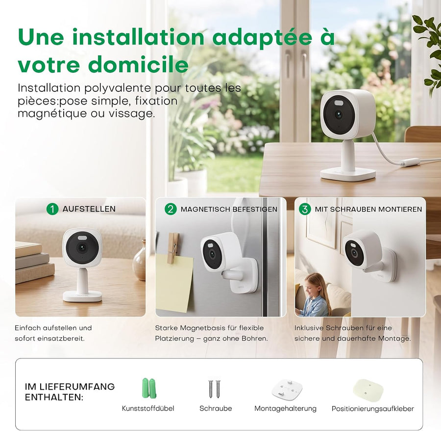 Caméra Intérieure Magnétique 3MP 2K, Vision Nocturne Couleur 0,01 Lux Caméra Intérieure Wi‑Fi, Détection Mouvement Humain, Audio Bidirectionnel, Étanche IP65, Compatible Alexa Et Google