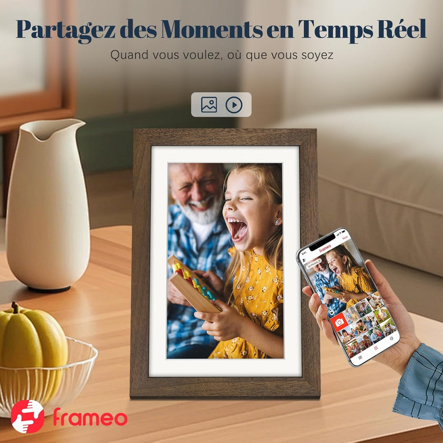 Cadre Photo Numérique WiFi 10.1 Pouces Noyer Bois Mémoire 32 Go, Écran Tactile HD IPS 1280 x 800, Auto-Rotation, Partage de Photos Vidéos Via Frameo APP/USB/SD