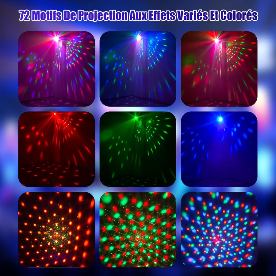 Jeux de Lumiere et Fête 3-en-1 avec Télécommande, Contrôle par Musique & Contrôle Vocal – Lumière Disco avec Stroboscope, LED RVB, Effet Boule Disco et 72 Motifs