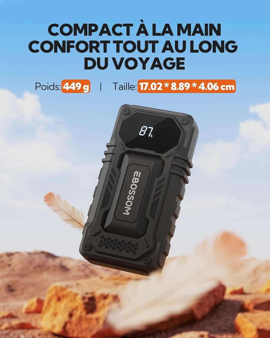 Booster Batterie Voiture, 12000mAh Démarreur de Voiture et Moto Portable, 12V Jump Starter avec Câbles de Démarrage Intelligents, Lumière LED Kit d'urgence pour Véhicules Chargeur de Secours