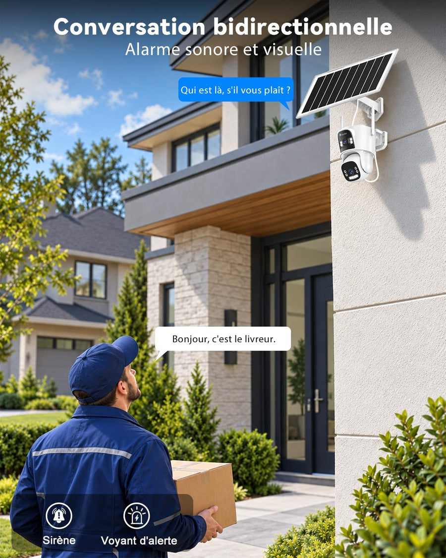 Camera Surveillance Solaire AOV Double Objectif,WiFi Extérieure 3MP+3MP Enregistrement 24/7, 8W & 15600mAh, 30m Détection Humaine Suivi Auto, Vision Nocturne, PTZ 355° IP66