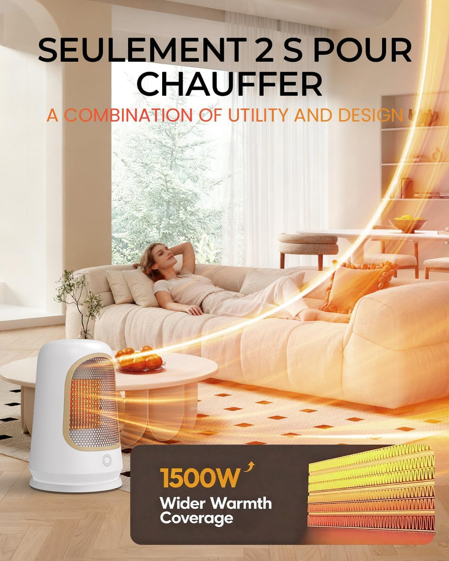 Radiateur soufflant 1500W PTC céramique chauffant, chauffage d’appoint portable - Faible consommation d’énergie, silencieux, protection anti-basculement et contre la surchauffe