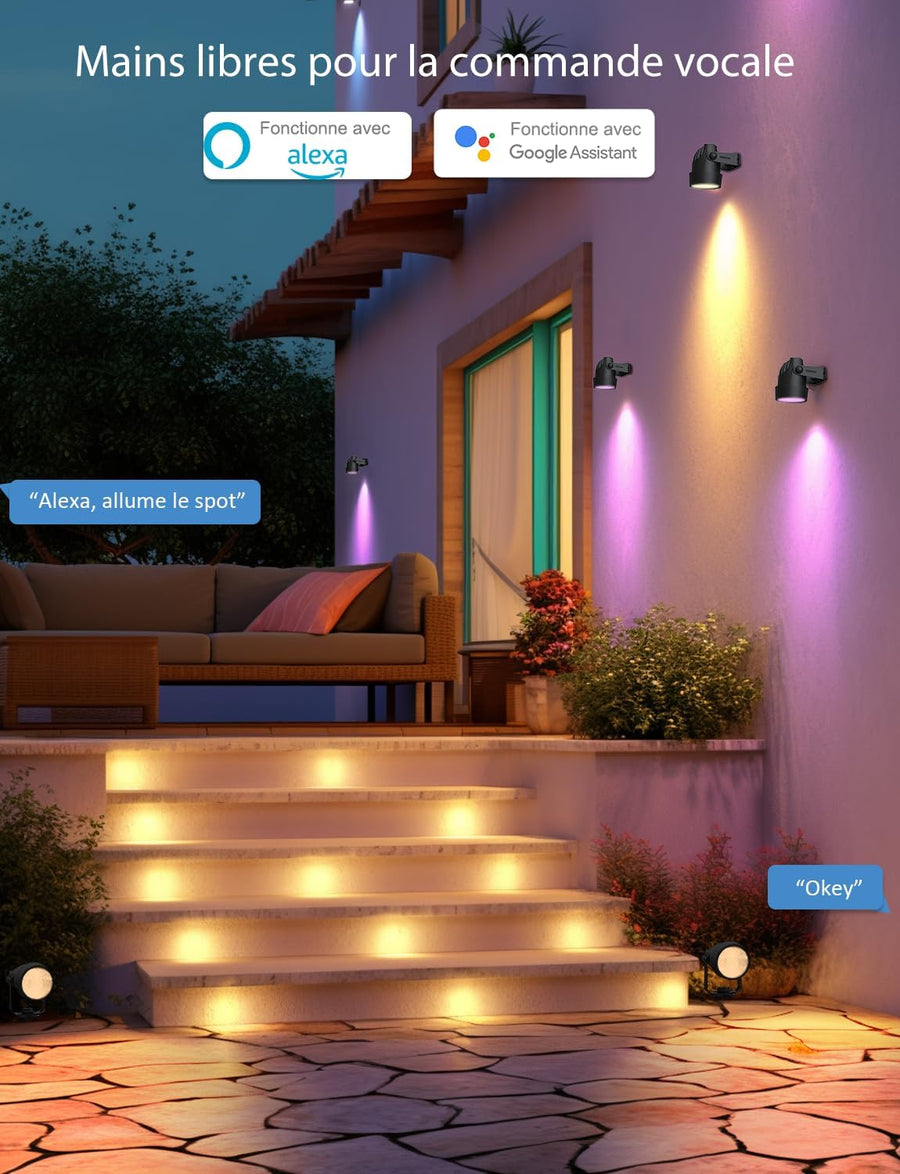 Spot LED Extérieur RGBW 12W, 4 Pièces Lampes Intelligentes avec Contrôle Vocal Alexa, 24V Étanche IP65 Projecteurs, APP/WiFi pour Jardin Paysager Allée Terrasse