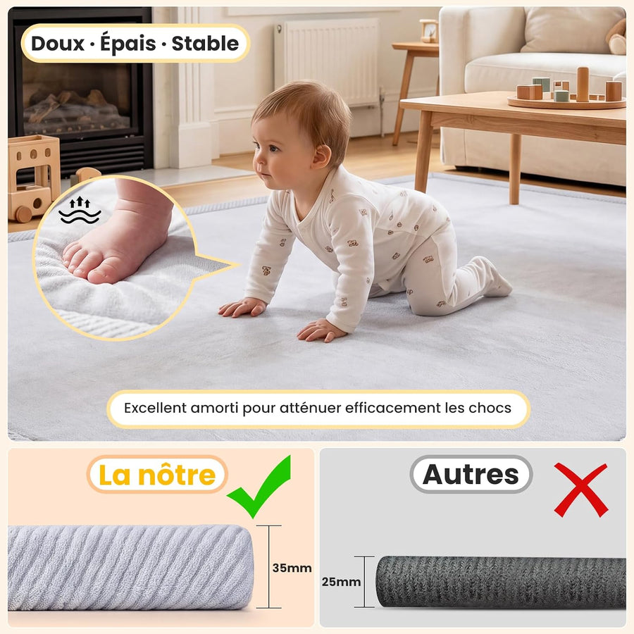 Tapis D’éveil Bébé Velours 120x170cm, Épais et Doux, 3,5cm Tapis Bébé Épais Tapis de Jeux Bébé avec Protection Anti-Choc Dessous Antidérapant, Oeko-Tex 100, Facile à Nettoyer,pour Jouer et Ramper, Gris