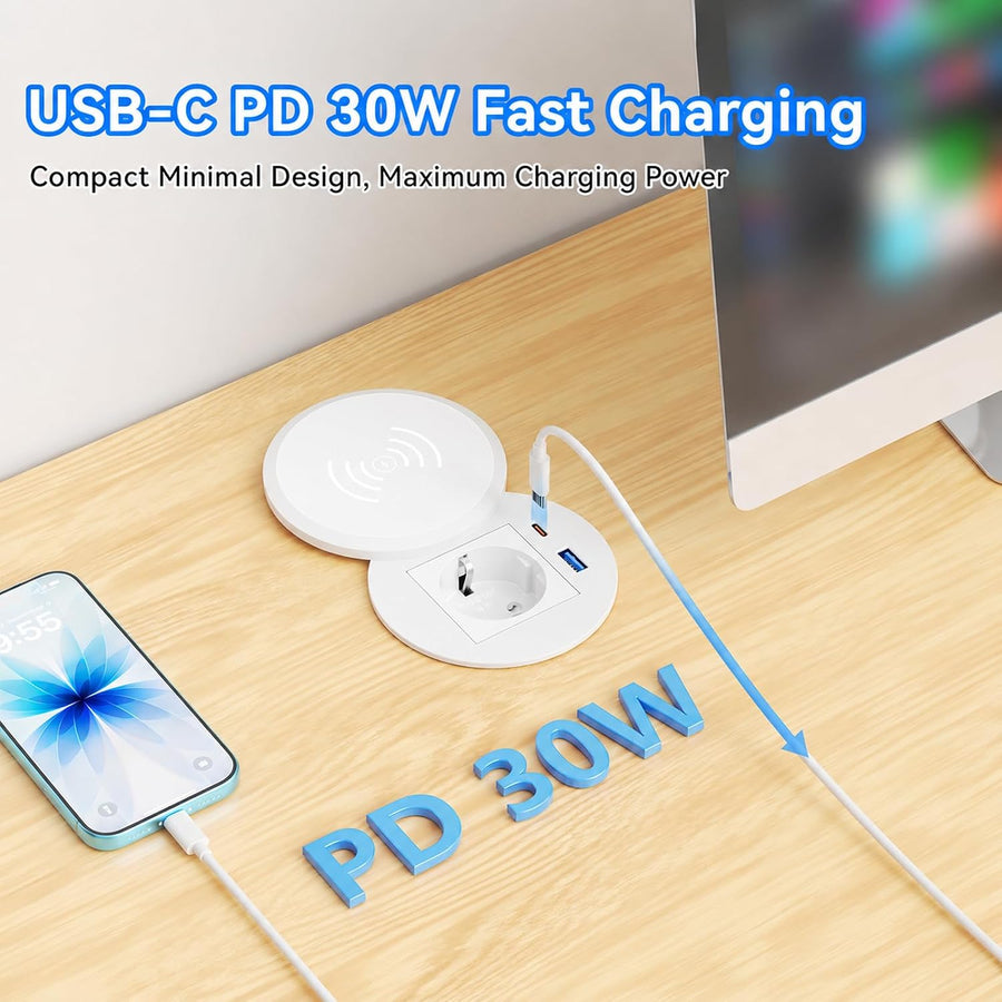 Prise encastrable Plan de Travail avec Charge Qi15 W, USB-C PD 30W, Ø80 mm Multiprise encastrable avec 1 prise, USB-A QC 18 W, couvercle rotatif anti-poussière, câble 2 m, bureau et cuisine, blanc