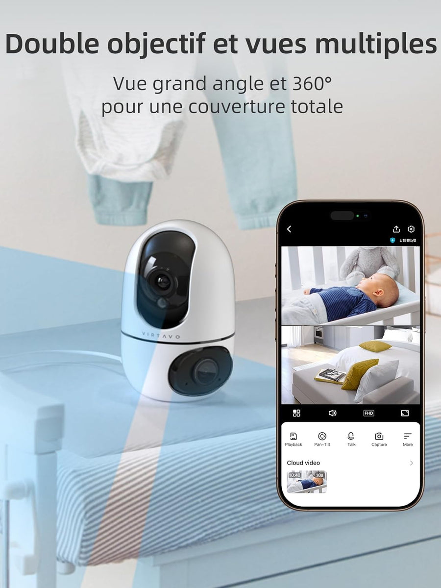 Caméra Surveillance WiFi Intérieure 1080P, 2-en-1 Double Objectif, Rotation 360, Vision Nocturne Couleur, Auto-Suivi, Audio Bidirectionnel