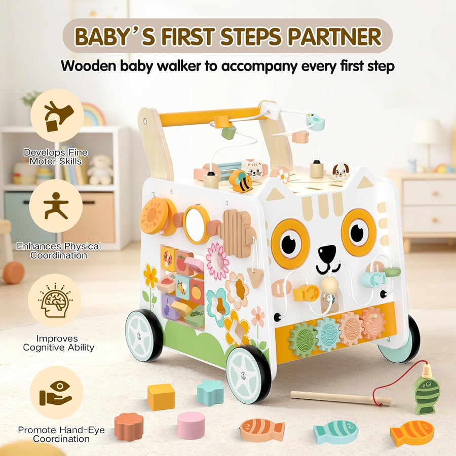 Trotteur en bois pour bébé,centre d'activités Montessori,hauteur réglable pour enfant de 1 an,cube d'activités 16 en 1 avec labyrinthe de perles,trieur de formes, xylophone,jouet d’éveil dès 12 mois