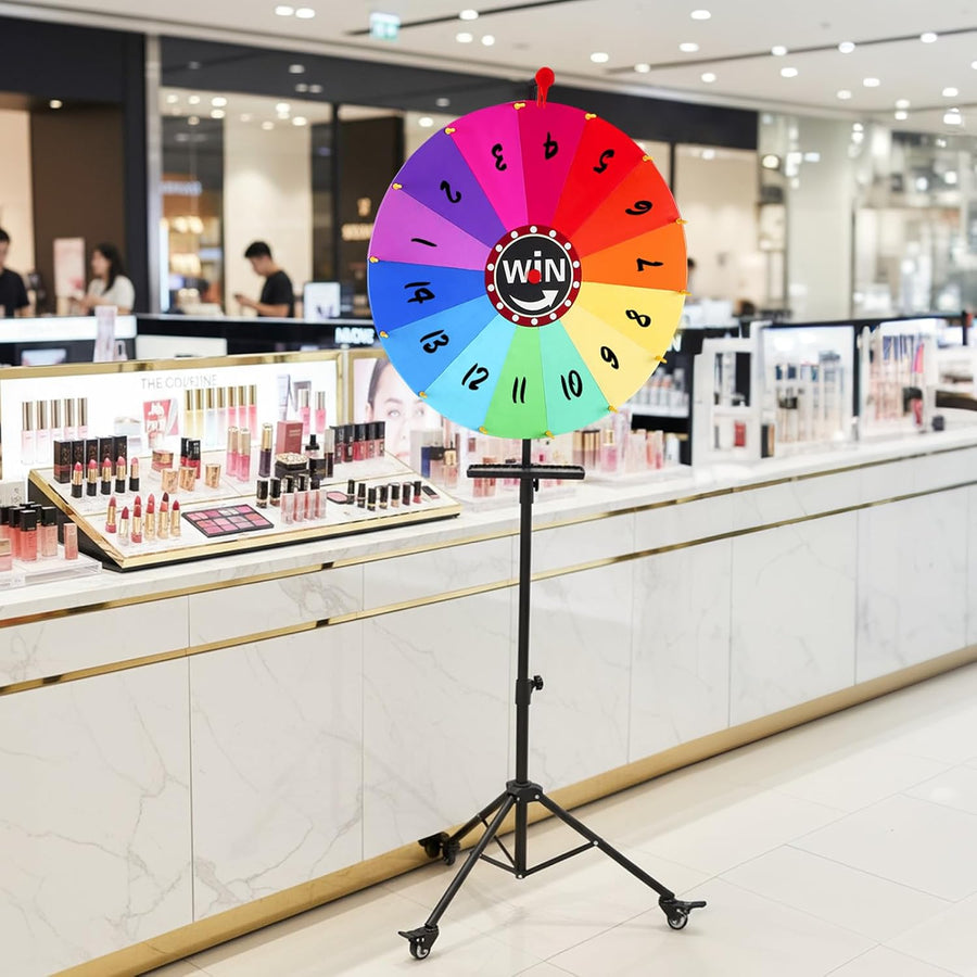 Roue de la Fortune 60 cm, Support Réglable sur Pied, Roue à Tourner Personnalisable 14 Cases Effaçables, Tirage au Sort & Loterie, Chance, Tombola, Foire