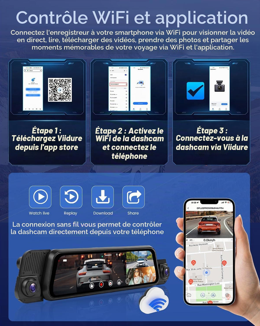 Dashcam Rétroviseur 4 Canaux 1080P, IPS Tactile 9,7 Pouces Trois Vues 720P, WiFi, Streaming, Aide au Recul, Enregistrement en Boucle et Carte 64 Go pour Conduite Quotidienne