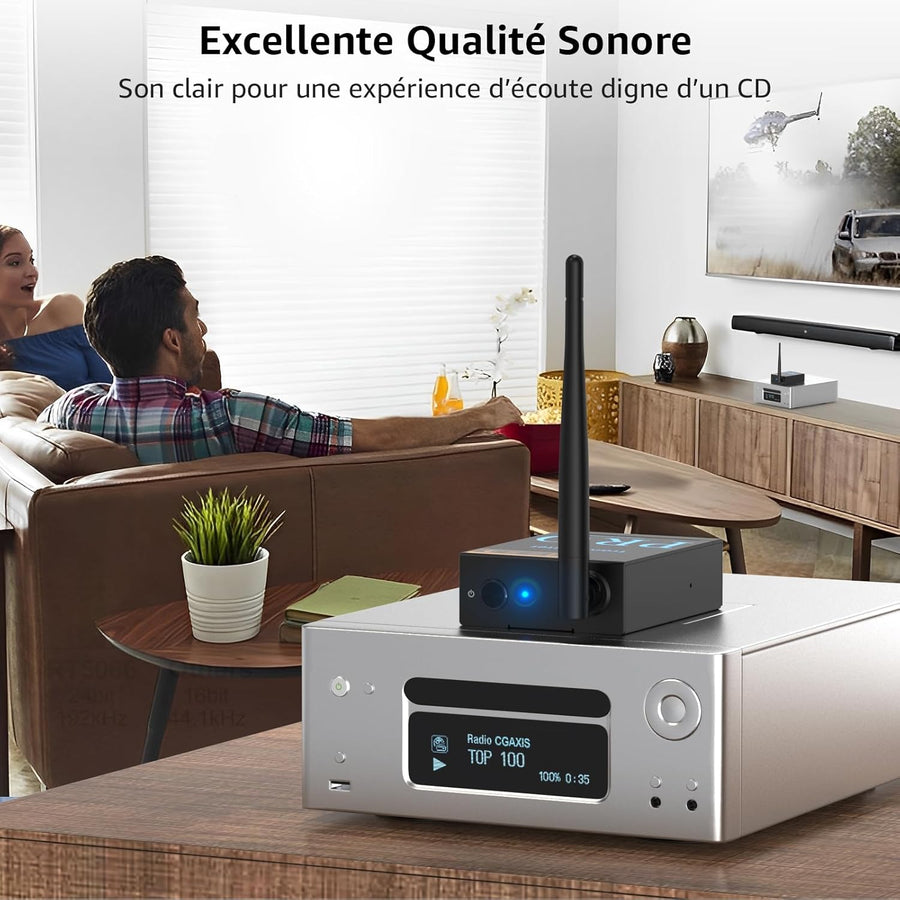 Émetteur Récepteur Audio Sans Fil 3-en-1, Transmission 2,4 GHz, Faible Latence, HiFi Musique depuis TV/PC vers Subwoofer/Haut-Parleur Actif/Amplificateur, Connexions Optique/Coaxiale/3,5 mm/RCA