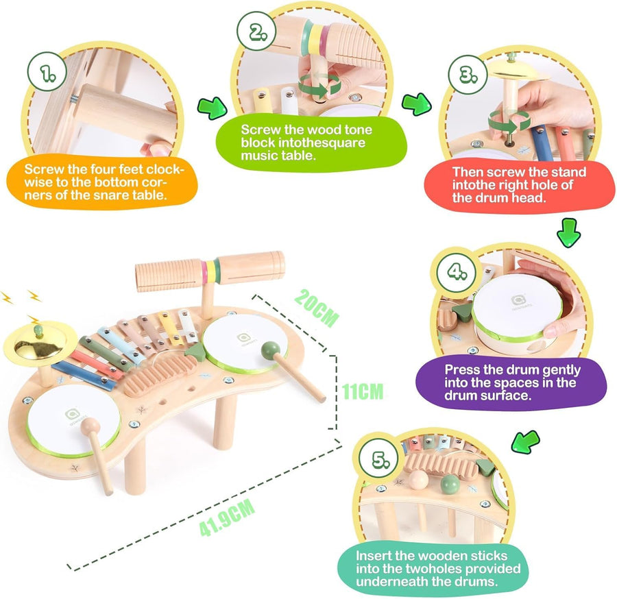 Ensemble de Batterie 7en1 pour Tout-Petits, Bois Instrument de Musique pour Bébés, Jouet Musical Montessori, Cadeau pour Filles et Garçons de 3 Ans Et Plus