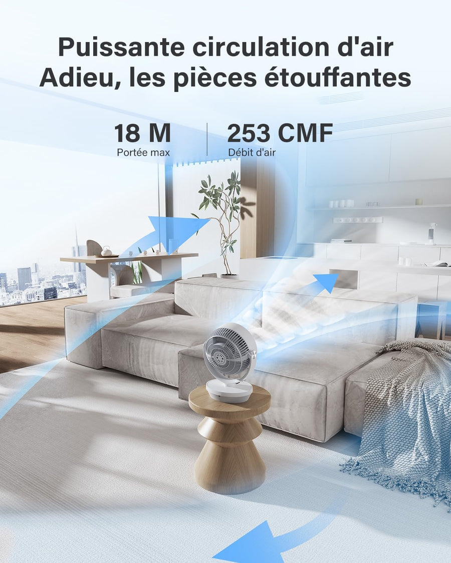 Ventilateur de Table Silencieux, 25 dB, 33CM Ventilateur Portable de Circulation D'air, oscillation manuelle verticale 120° + oscillation 90°, 4 vitesses, 4 modes, Télécommande, minuterie 12h