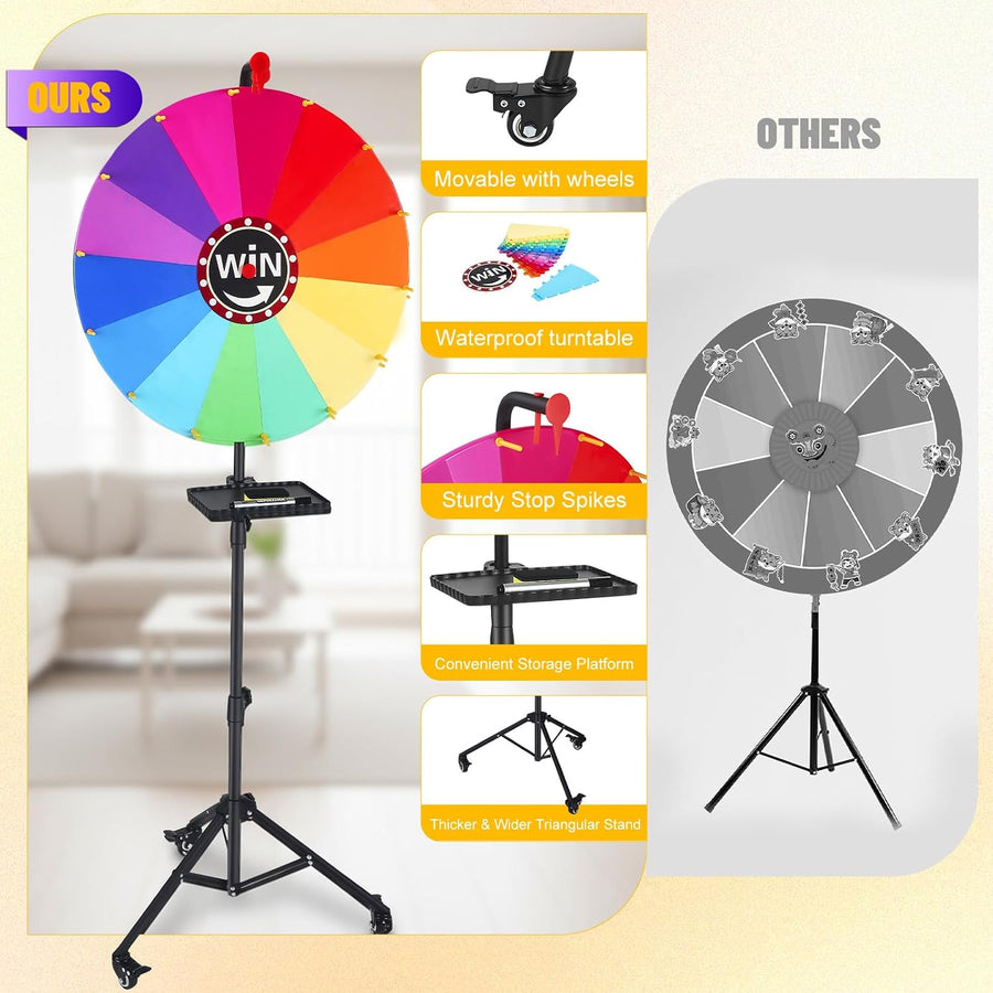 Roue de la Fortune 60 cm, Support Réglable sur Pied, Roue à Tourner Personnalisable 14 Cases Effaçables, Tirage au Sort & Loterie, Chance, Tombola, Foire