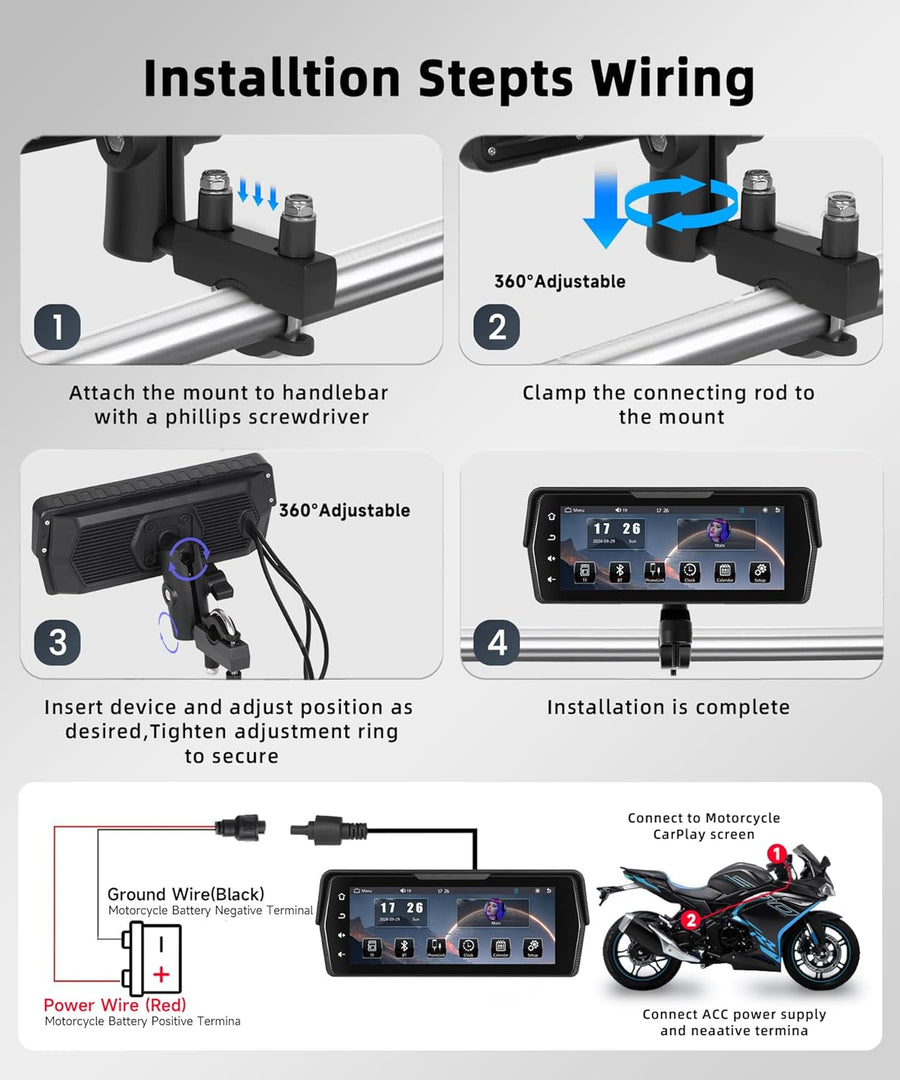 Écran CarPlay pour Moto avec 2 caméras, Enregistrement en Boucle, CarPlay sans Fil et Android Auto, enregistreur de Conduite écran Tactile Portable Bluetooth de 6,86 Pouces, Navigation/Siri