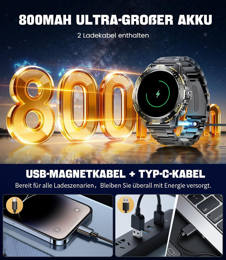 Montre Connectée Homme avec 800mAh, 1,43" AMOLED Business Smartwatch Homme avec Appel Bluetooth, 200+ Modes Sportifs, Fréquence Cardiaque, SpO2, Suivi du Sommeil pour Android iOS