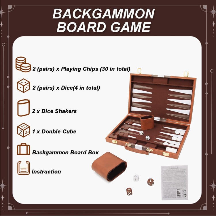 Ensemble Backgammon Jeu de Société Classique Etui en Cuir Qualité Supérieure Jeu Portable pour Voyage