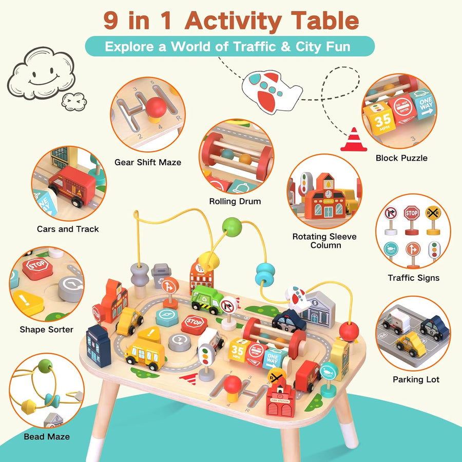 Table d’activités pour bébé de 1 an, table sensorielle en bois avec labyrinthe de perles, formes à trier et circuit de train, jouet Montessori ferme, jouet éducatif
