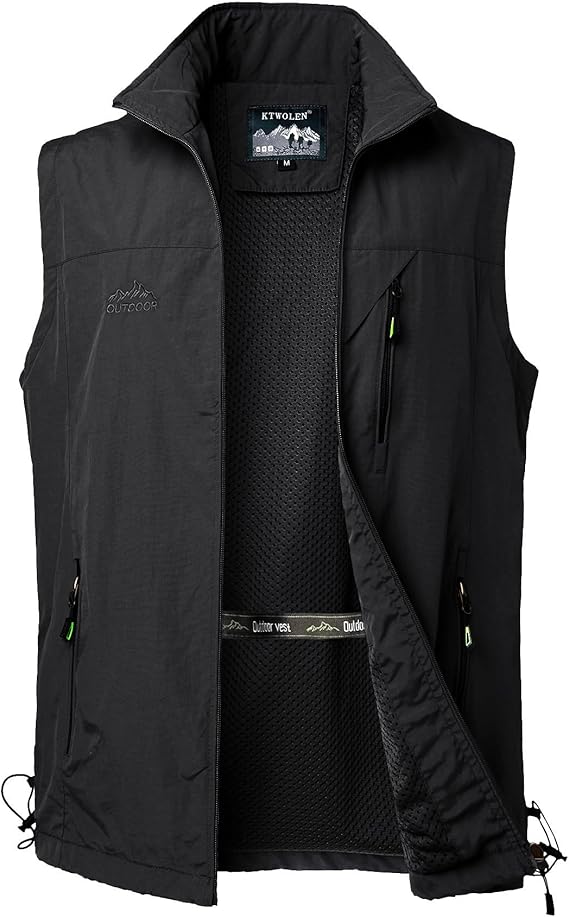 Gilet à Séchage Rapide pour Hommes Gilet de Pêche Respirant Gilets de Photographie Chasse Léger Veste sans Manche Gilets de Randonnée Taille L NOIR