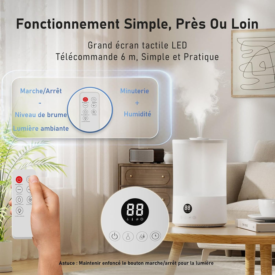 Humidificateur d'air Chambre 4L, Top-Fill, Télécommande, 40H Autonomie, Arrêt Automatique, Buse 360°, Minuterie 24 heures, 20 dB Silencieux