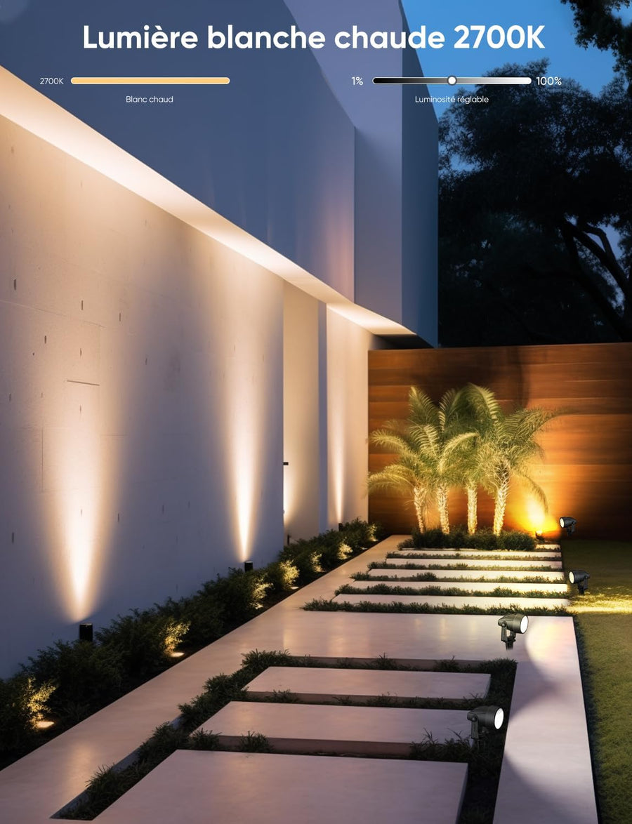 Spot LED Extérieur RGBW 12W, 4 Pièces Lampes Intelligentes avec Contrôle Vocal Alexa, 24V Étanche IP65 Projecteurs, APP/WiFi pour Jardin Paysager Allée Terrasse