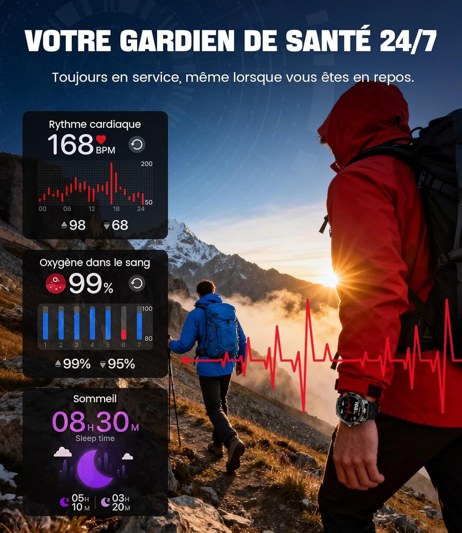 Montre Connectée Homme avec 800 mAh/Torche LED pour Android iOS, Écran 1,43'' AMOLED HD Smartwatch avec Appel Bluetooth/200+ Modes Sportifs, Moniteur de Fréquence Cardiaque/Sommeil, Étanche IP68