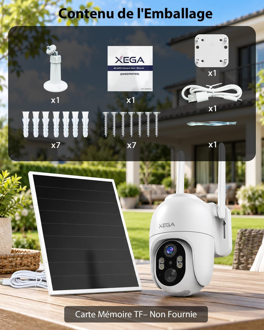 Caméra Surveillance 4G LTE Solaire avec Carte SIM,Enregistrement 24/7 Détection IA 25m, Audio Bidirectionnel, PTZ 355°, Panneau Solaire 8 W, 2K Vision Nocturne en Couleur, Abonnement Requis
