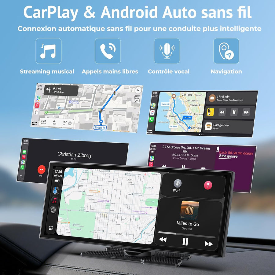 Écran CarPlay sans Fil 11,26",CarPlay & Android Auto Portable,Caméra de Recul 1080P,Fonction d'écran partagé,Double Bluetooth,Navigation GPS,Commande Vocale,12-24V