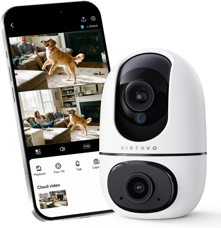 Caméra Surveillance WiFi Intérieure 1080P, 2-en-1 Double Objectif, Rotation 360, Vision Nocturne Couleur, Auto-Suivi, Audio Bidirectionnel