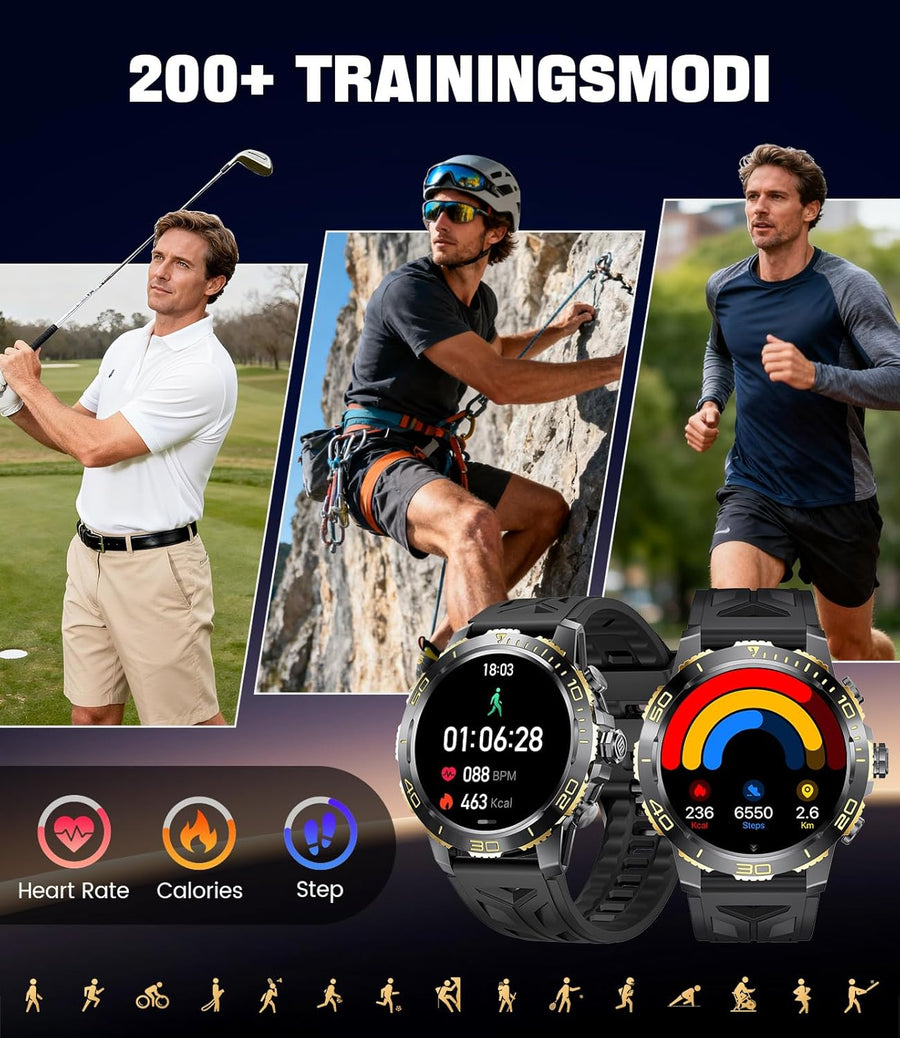 Montre Connectée Homme avec 800mAh, 1,43" AMOLED Business Smartwatch Homme avec Appel Bluetooth, 200+ Modes Sportifs, Fréquence Cardiaque, SpO2, Suivi du Sommeil pour Android iOS