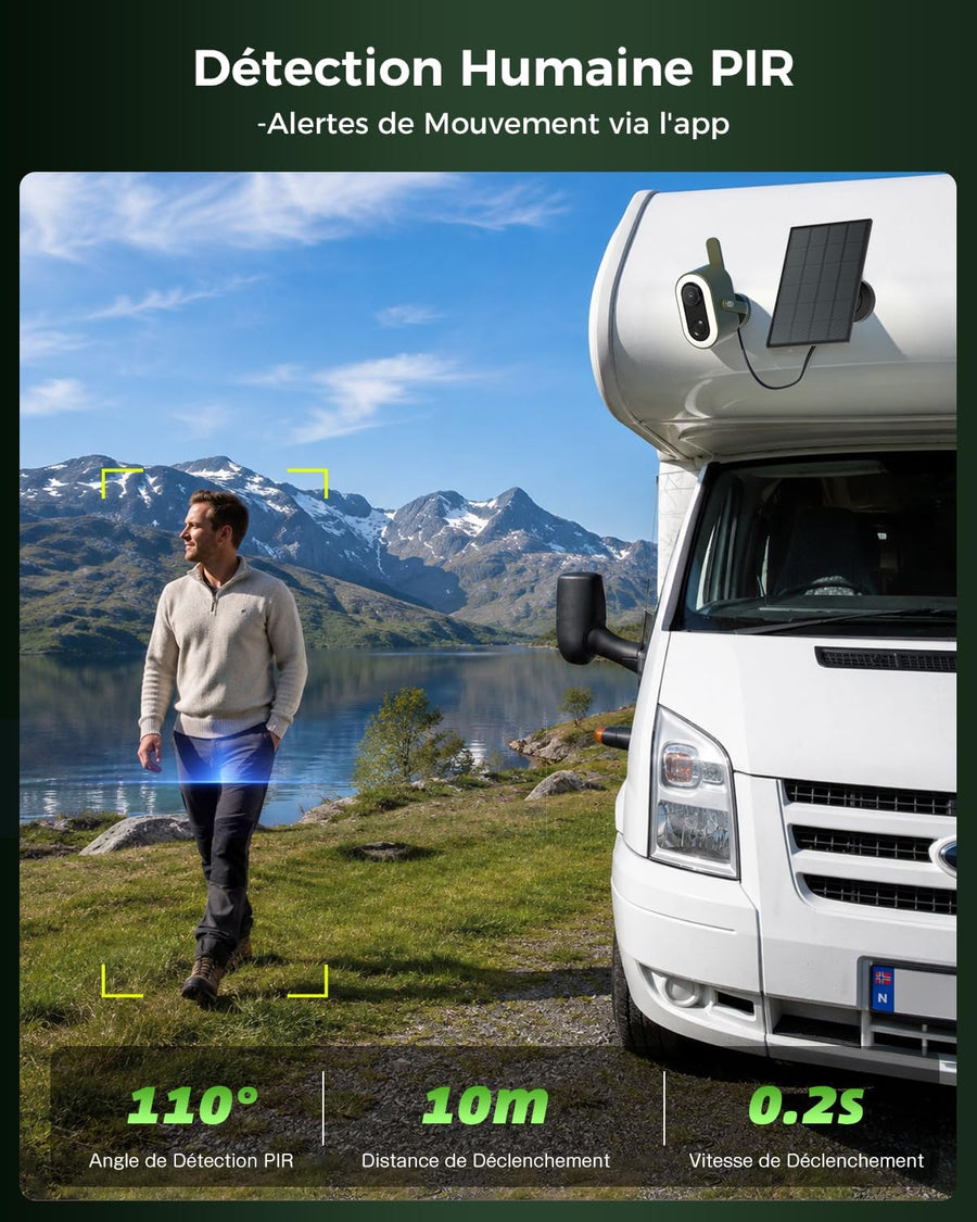 Caméra 4G avec Carte SIM Solaire Magnétique sans Fil Extérieur 2K Camera avec 3W Panneau Solaire 6000mAh Batterie, PIR Humaine Détection pour Camping-cars et Stationnement Temporaire