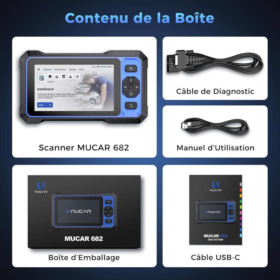 mucar 682 Valise Diagnostic Auto, AI Intelligent, Système Complet,20 Réinit Assistant AI,Diagnostic Complet du Système,20 Réinitialisations,Bi-directionnel,Guide V.A.G,CANFD & DOIP & FCA, Gratuit à Vie