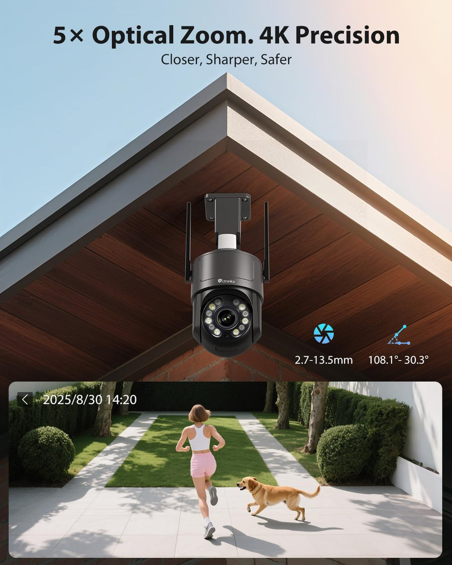 Caméra Surveillance 4K Extérieure avec Zoom Optique 5X, Vision Nocturne Couleur/IR Starlight 50m, Suivi Auto, Lumière Rouge-Bleue & Sirène, WiFi 5G/2,4G, App/PC, SD 256Go/FTP/NAS NOIR