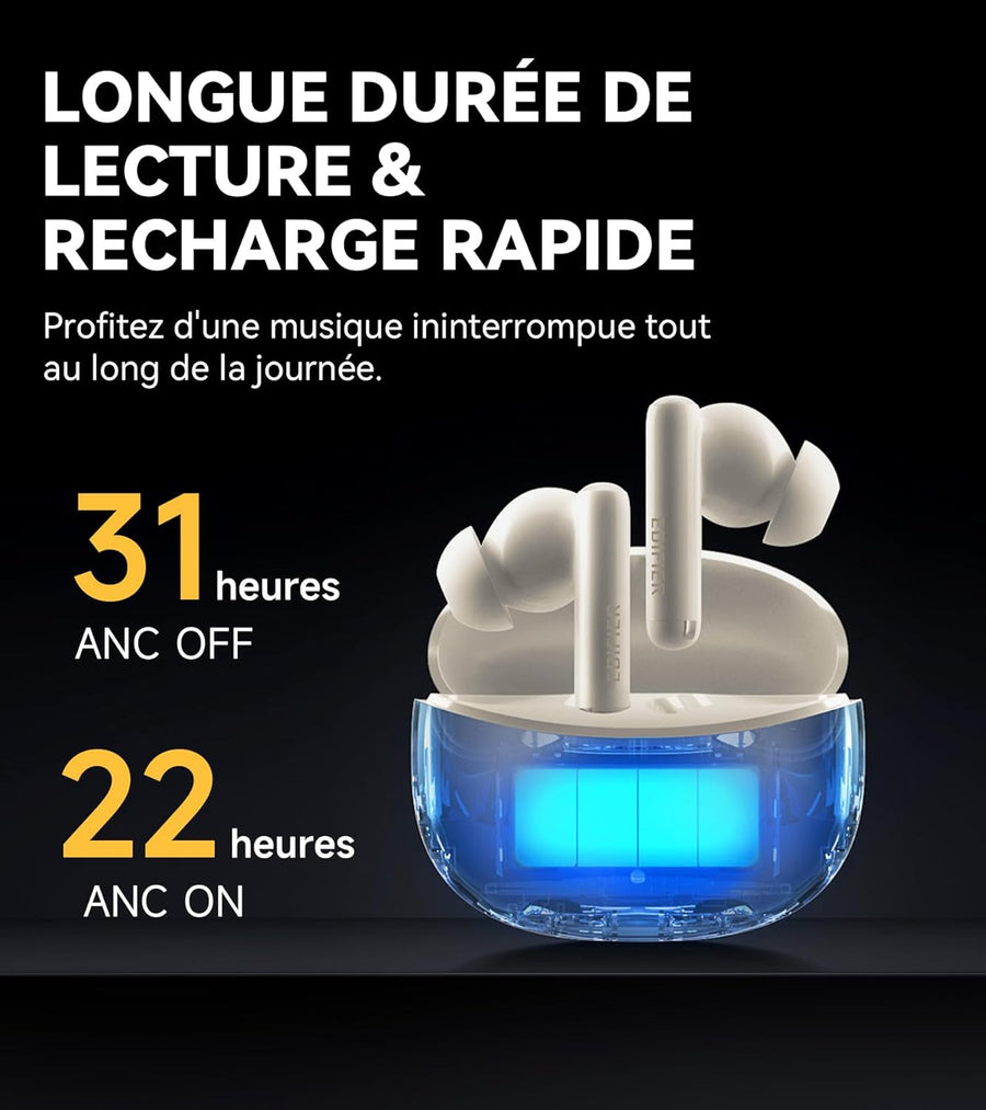 Edifier X5 Pro Écouteurs Bluetooth Sans Fil Réduction Active du Bruit Appels Améliorés par IA Charge Rapide Mode Gaming Étanche IP55 BLANC