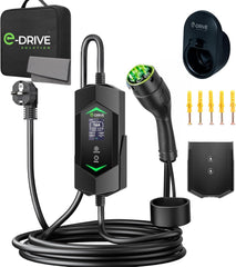 Chargeur Voiture Electrique 16 A [3.7 KW, 6M ] Compatible Prise Green up & Skudo-Écran LCD + Départ Différé + Support & Câble Type 2 - E-Drive Solution Marque Française