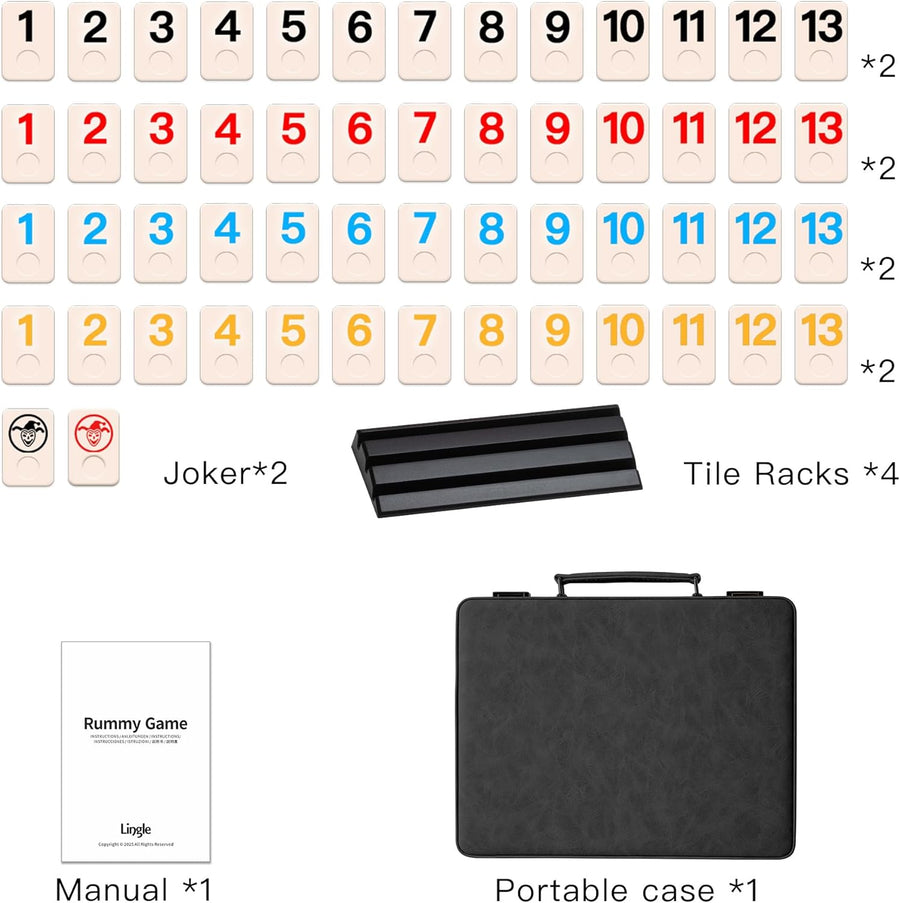 Jeu de rami, 2 à 4 joueurs avec 106 tuiles de rami et 4 supports, jeu de rami de voyage avec étui en simili cuir, jeux de société classiques amusants pour toute la famille