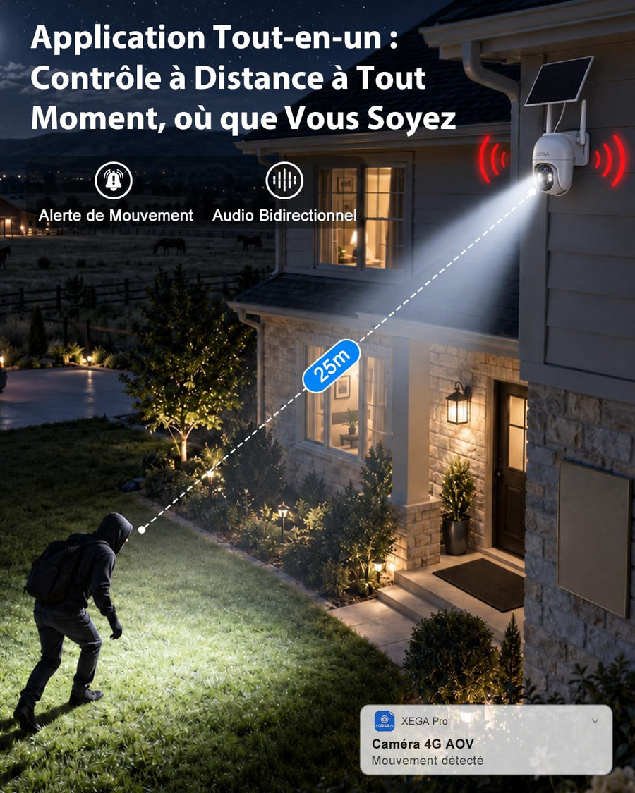 Caméra Surveillance 4G LTE Solaire avec Carte SIM,Enregistrement 24/7 Détection IA 25m, Audio Bidirectionnel, PTZ 355°, Panneau Solaire 8 W, 2K Vision Nocturne en Couleur, Abonnement Requis