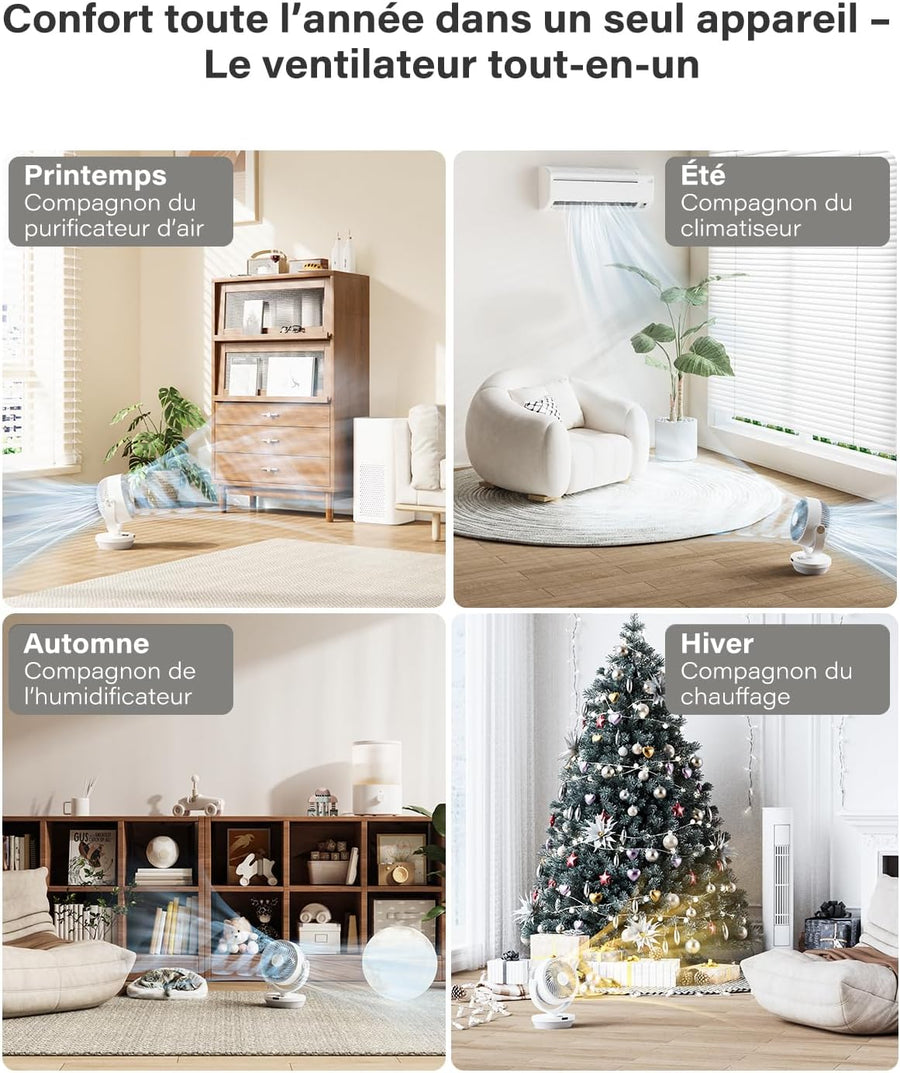 Ventilateur de Table Silencieux, 25 dB, 33CM Ventilateur Portable de Circulation D'air, oscillation manuelle verticale 120° + oscillation 90°, 4 vitesses, 4 modes, Télécommande, minuterie 12h
