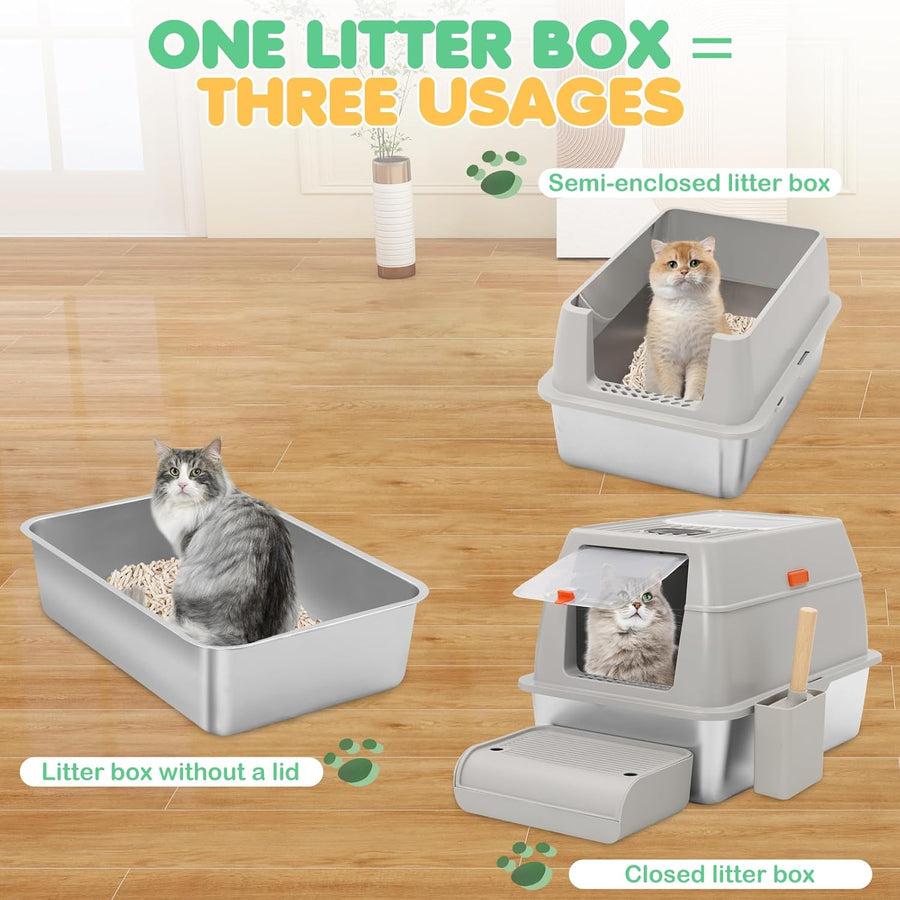 Bac à Litière pour Chat en Acier Inoxydable,Bac à Litière Fermé pour Chat avec Pelle et Pédale,Litière Haute en avec Couvercle,Caisse Litiere pour Chats avec Double Entrée Plateau Amovible