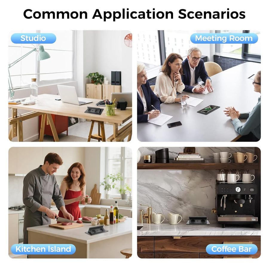 Prise Encastrable Plan de Travail, Multiprise Plate avec USB C PD 20 W et 15 W, Multiprise Encastrable Sans Fil, Prise Escamotable pour Cuisines Bureaux Salle de Réunion, 1.8M Câble