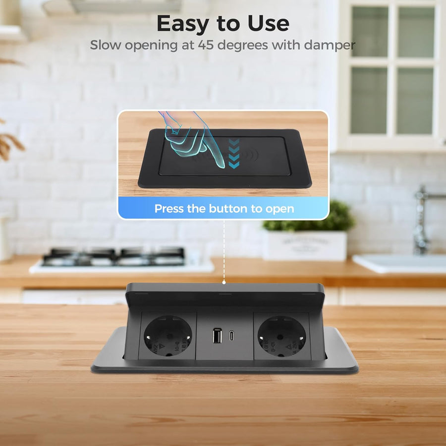 Prise Encastrable Plan de Travail, Multiprise Plate avec USB C PD 20 W et 15 W, Multiprise Encastrable Sans Fil, Prise Escamotable pour Cuisines Bureaux Salle de Réunion, 1.8M Câble
