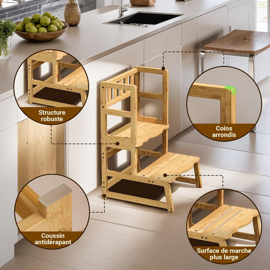 Tour d’Observation Montessori pour Enfant – Chaise d’Apprentissage Bébé Sécurisée, Tabouret en Forme Nuage Antidérapant pour Salle de Bain, Toilettes et Chambre – Classic Natural