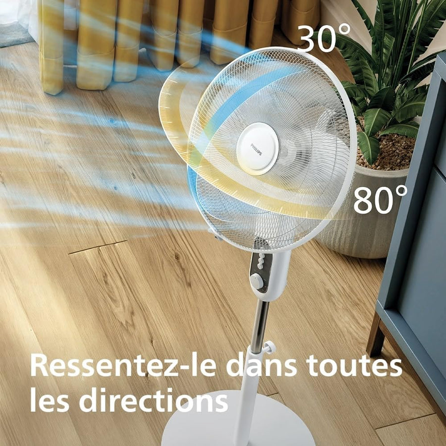 Philips Ventilateur sur pied Série 1000 - Puissant et silencieux, 38 dB, Hauteur réglable, Inclinable et rotatif, Minuterie BLANC