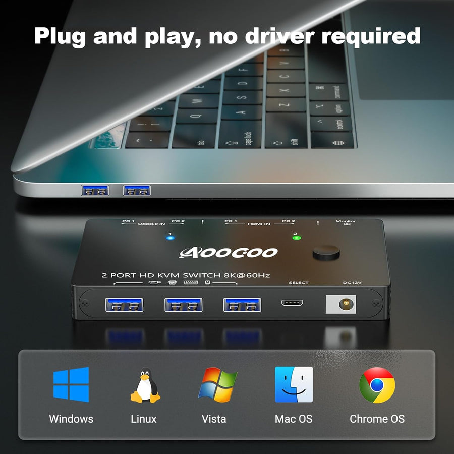 Commutateur KVM HDMI 2 PC 1 moniteur 8K à 60 Hz/4K à 120 Hz Commutateurs KVM télécommande filaire Câble USB 3.0 inclus