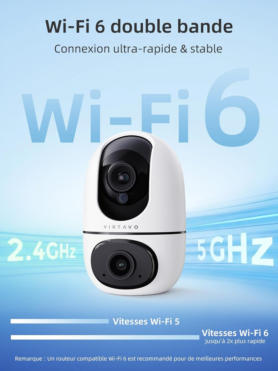 Caméra Surveillance WiFi Intérieure 1080P, 2-en-1 Double Objectif, Rotation 360, Vision Nocturne Couleur, Auto-Suivi, Audio Bidirectionnel